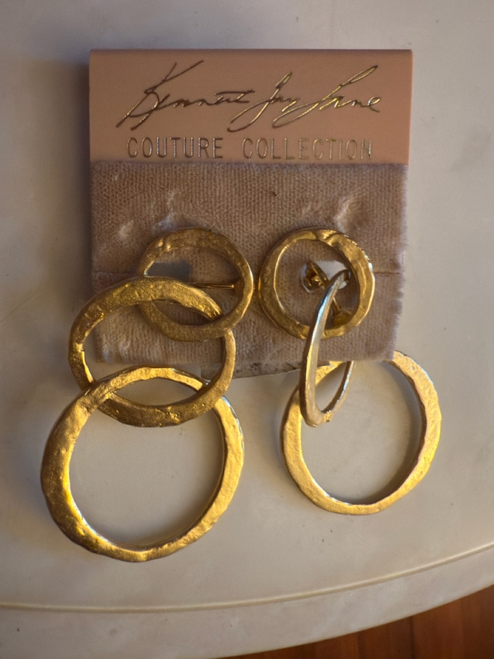 Kenneth Jay Lane Couture Gold Tone Hammered Triple Link Interlock Circle Clip-On
